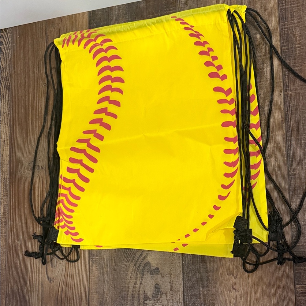 Lot of 5 Yellow Softball Drawstring Bags with Red Stitching Design
